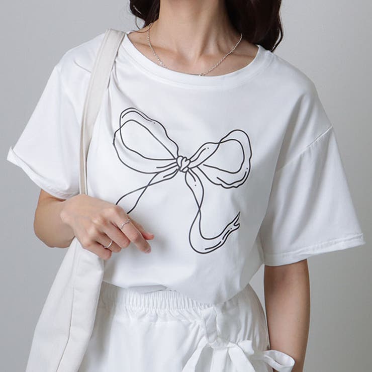 ソリッドカラー 半袖 リボン プリント Tシャツ | レースレディース  | 詳細画像1 