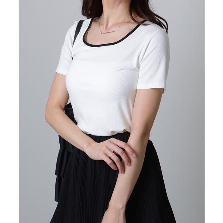 配色ライン スクエアネック ソリッド 半袖 Tシャツ | レースレディース  | 詳細画像16 