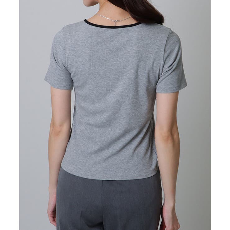 配色ライン スクエアネック ソリッド 半袖 Tシャツ | レースレディース  | 詳細画像8 