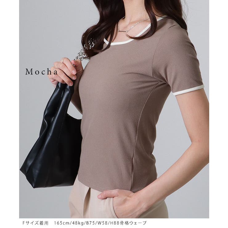 配色ライン スクエアネック ソリッド 半袖 Tシャツ | レースレディース  | 詳細画像9 