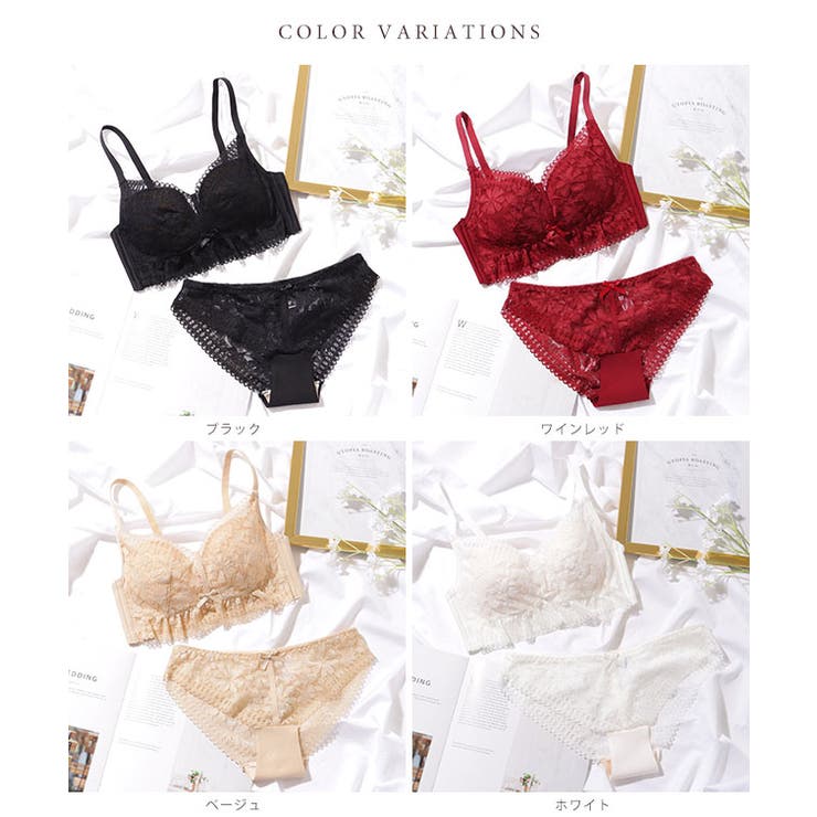 花柄 レーシィ ノンワイヤー ブラ&ショーツ セット[品番：LCLW0006481
