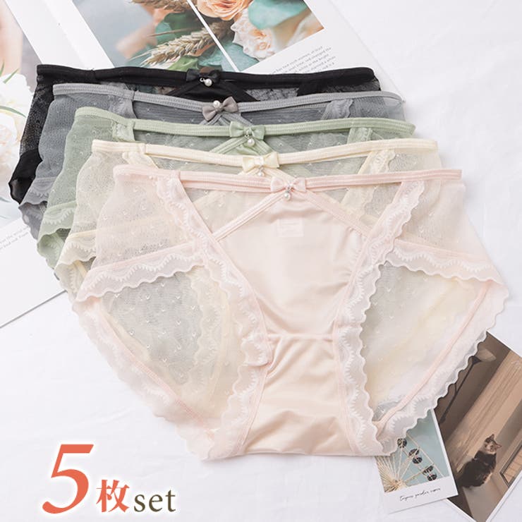 【5枚セット】リボン付きクロスカットアウトデザインショーツ 女性 レディース | レースレディース  | 詳細画像1 
