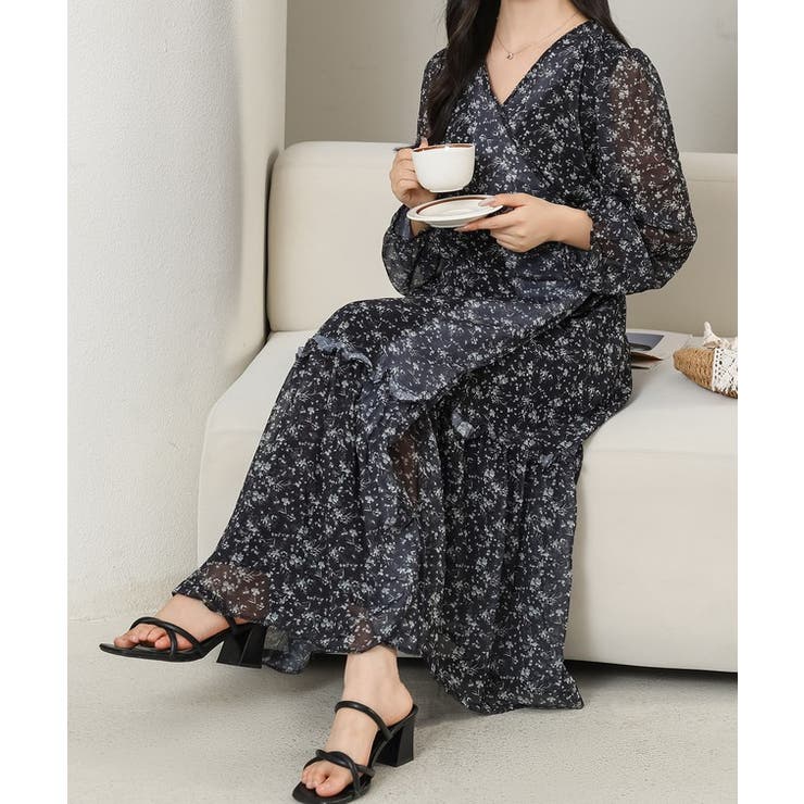 期間限定! DKNY Vネック シフォン ミディワンピース ヴィンテージツイルVネックキャミワンピース/洗える(ワンピース