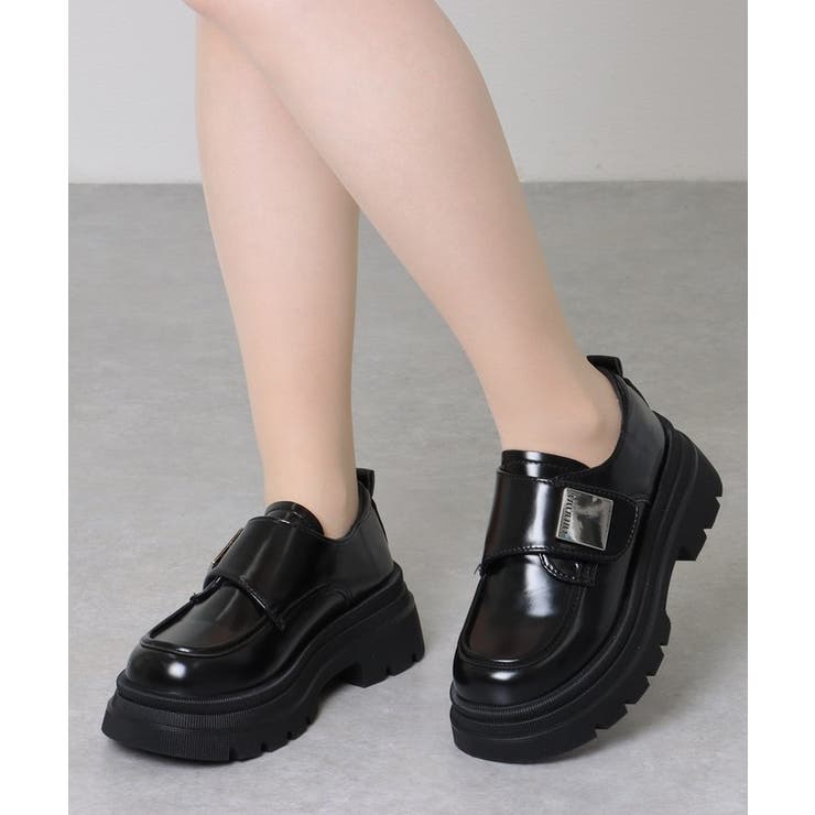 女性用パテントレザーレースアップパンプス ともす 厚底スクエアトゥ 