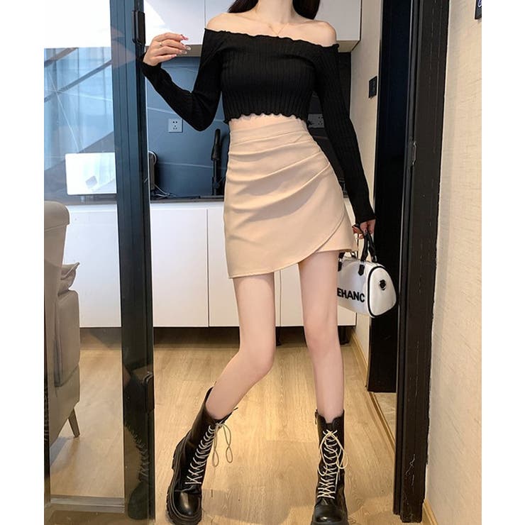 【関税込み】Lourdes ネイビー バージンウール ミニスカート ハイウエスト ドレープ レイヤード[品番：LCLW0008521]｜レース