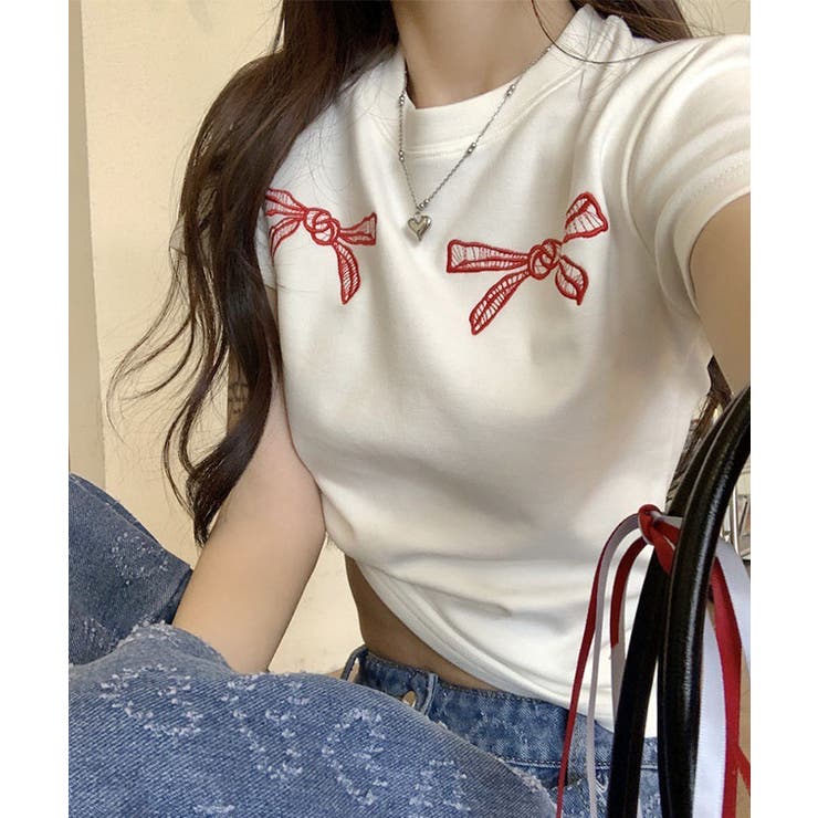 リボン刺繍 クルーネック ショート丈 | レースレディース  | 詳細画像10 