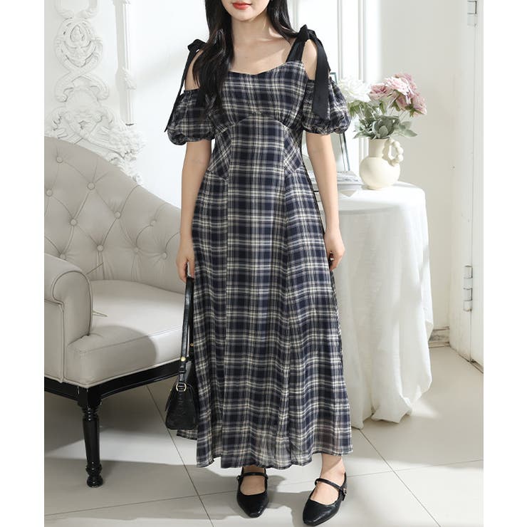 タータンチェック 肩リボン オフショル | レースレディース  | 詳細画像7 