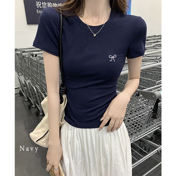 リボンTシャツ ラウンドネック クルーネック リボン S/M/L ワンポイント リボン刺繍 クルーネック[品番：LCLW0008937
