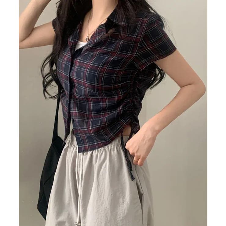 【Cider】チェック柄 シャーリング トップス fit=scale-down,w=1200