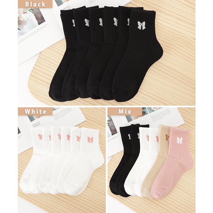 【6足セット】ソリッドカラー リボン柄 リブ | レースレディース  | 詳細画像2 