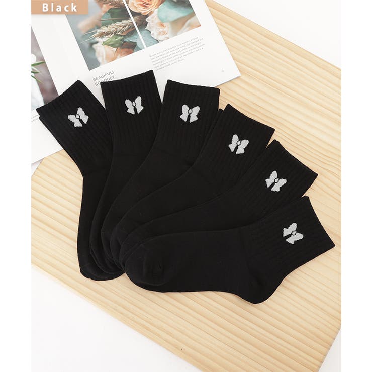 【6足セット】ソリッドカラー リボン柄 リブ | レースレディース  | 詳細画像3 