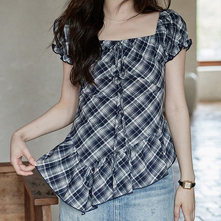 フロントリボン チェック柄 ペプラム | レースレディース  | 詳細画像1 