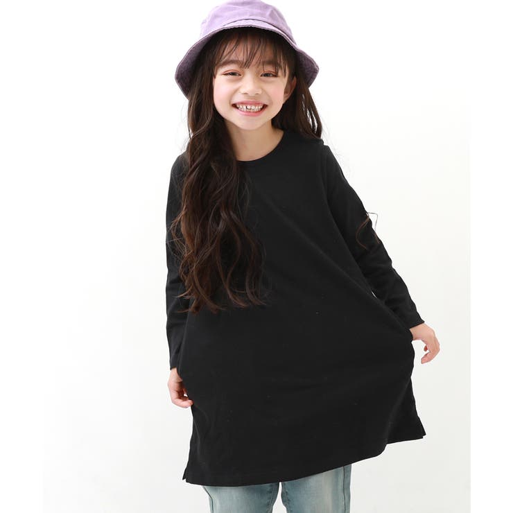 ブラック | 無地 Aライン長袖ワンピース 子供服 | devirock