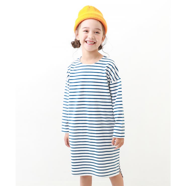 ゆるっとボーダー 長袖ワンピース 子供服[品番：VR000009629 