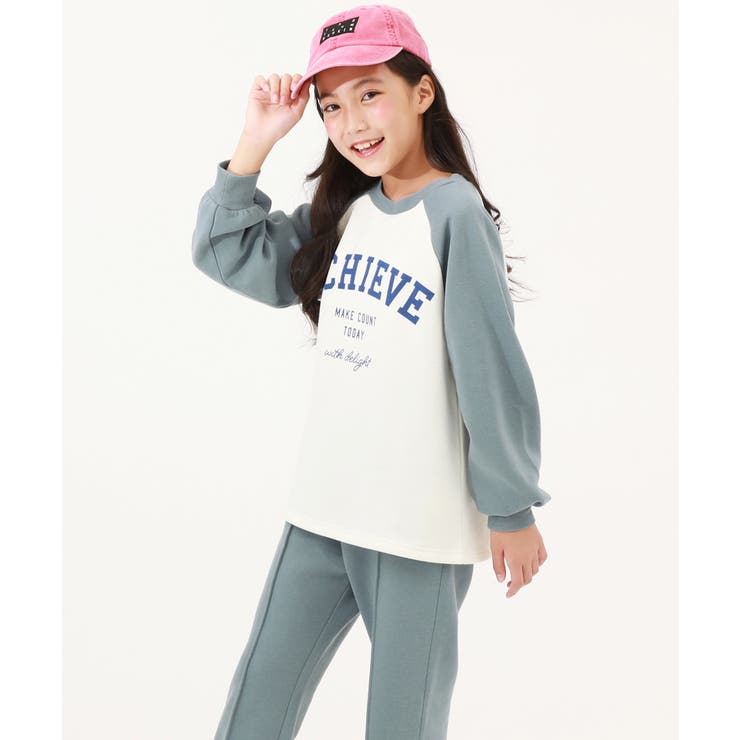 002-くすみブルー | ガールズ裏起毛ラグランセットアップ 子供服 キッズ | devirock