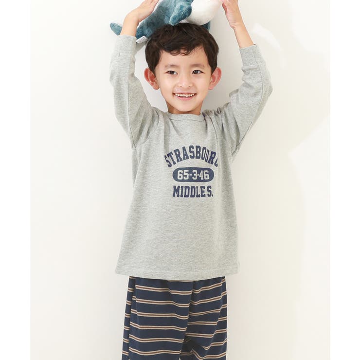 008-ロゴ4-杢グレー | 綿100% ボーイズ 裾リブ長袖パジャマ | devirock