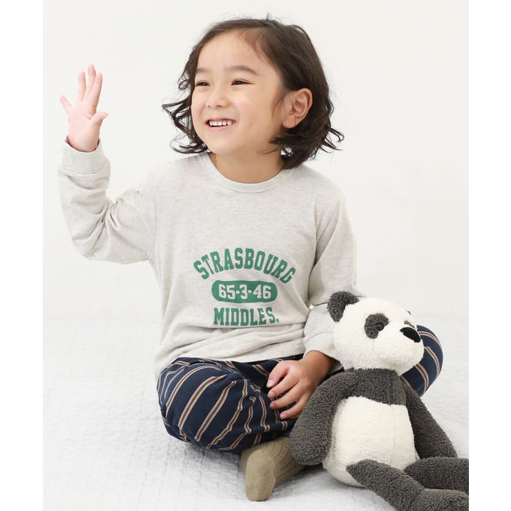 009-ロゴ4-オートミール | 綿100% ボーイズ 裾リブ長袖パジャマ | devirock