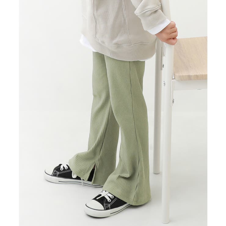 Lカーキ | すらっと脚長 リブフレアパンツ 子供服 | devirock