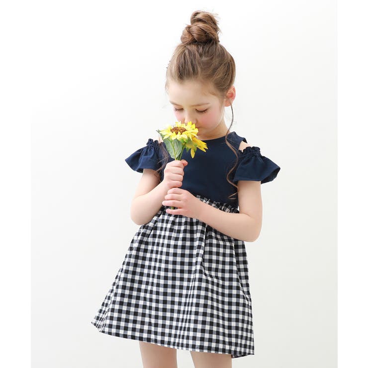 002-ネイビー-ギンガム | オフショル ドッキングワンピース 子供服 | devirock