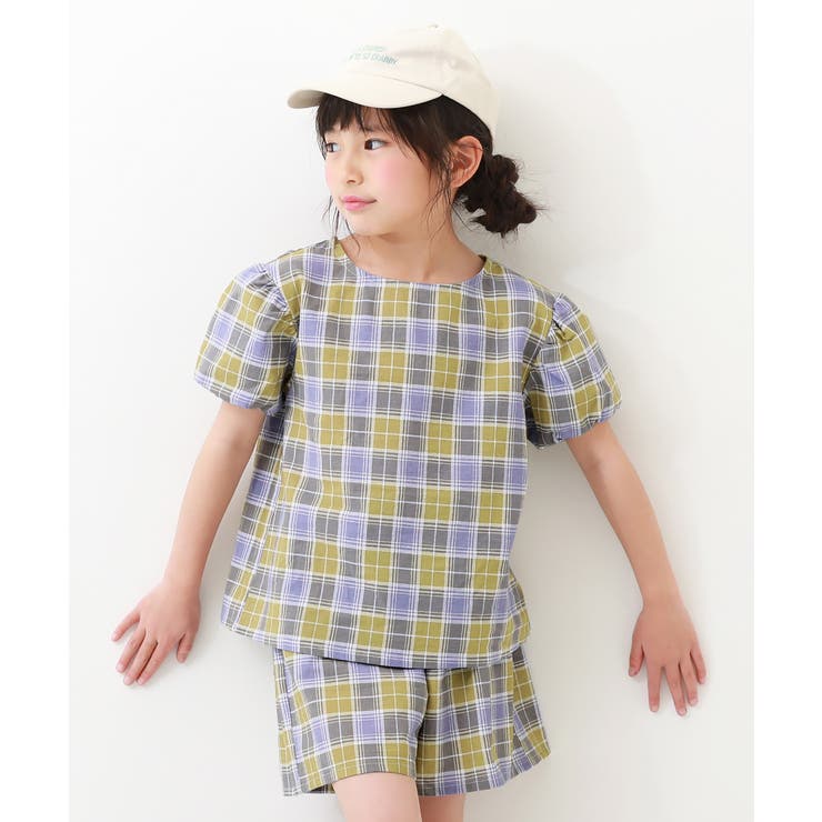 002-チェック-ブルー | パフスリーブトップス＆ショートパンツ 子供服 キッズ | devirock