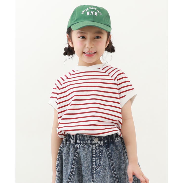 モックネック先染め ボーダー半袖Tシャツ 子供服[品番：VR000009704