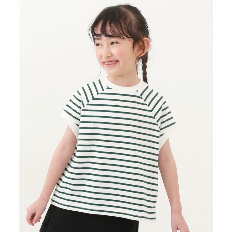 モックネック先染め ボーダー半袖Tシャツ 子供服[品番：VR000009704