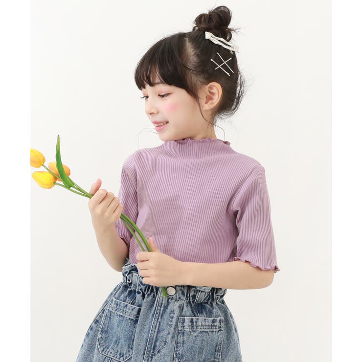 5分袖 リブTシャツ 子供服 キッズ 女の子 トップス 半袖Tシャツ T