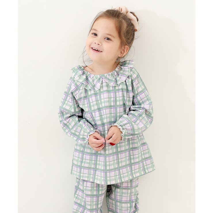 005-チェック-ダスティブルー | どっちも前 フリルパジャマ 子供服 | devirock
