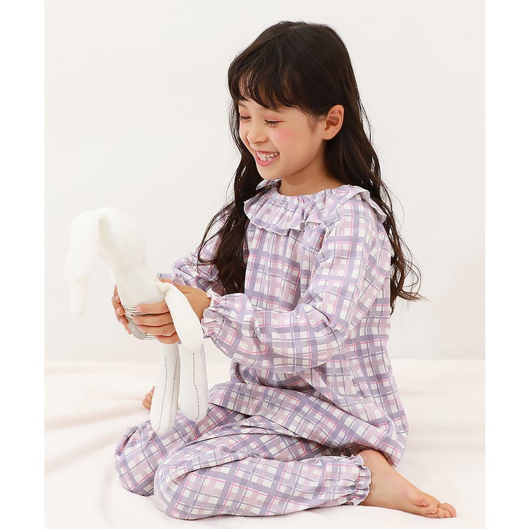 006-チェック-Lラベンダー | どっちも前 フリルパジャマ 子供服 | devirock