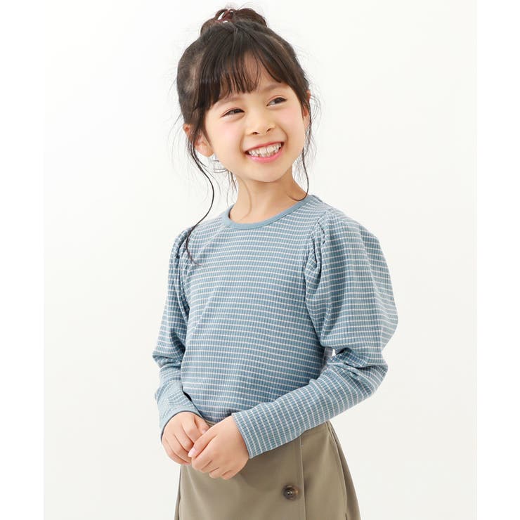 細リブ パフスリーブ ボーダー長袖Tシャツ[品番：VR000009802