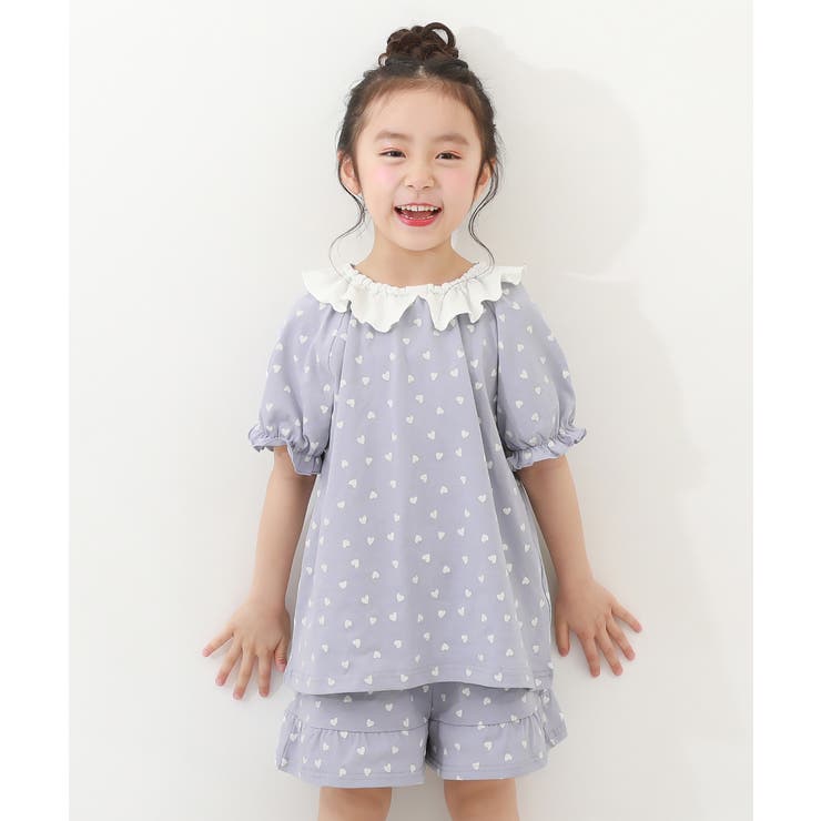 004-ハート-Gブルー | 綿100% どっちも前 フリル半袖パジャマ | devirock