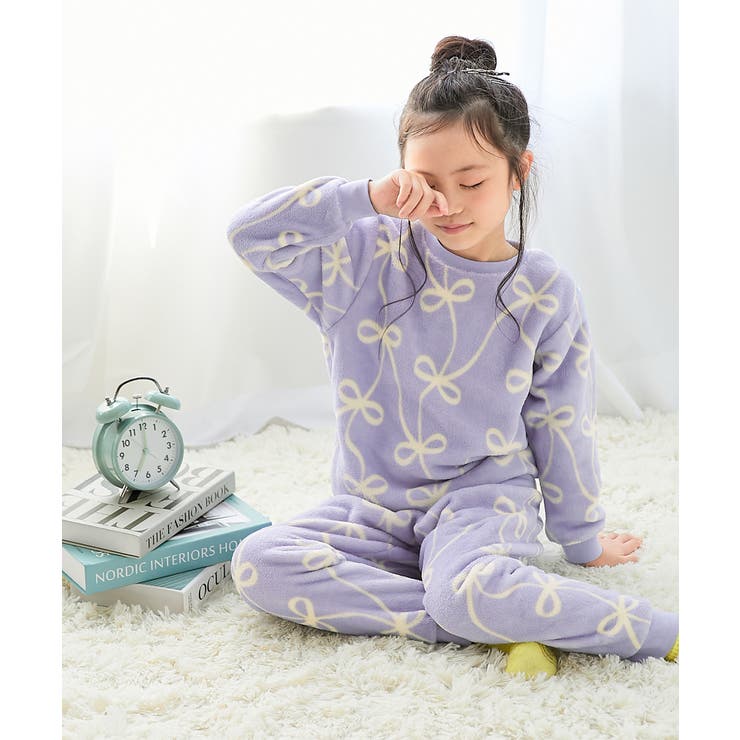 009-リボン-Gブルー | ガールズ もこもこフリース パジャマ | devirock