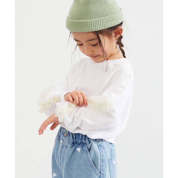 001-ホワイト | 袖チュール 長袖Tシャツ 子供服 キッズ 女の子 ロンT トップス 5000 | devirock