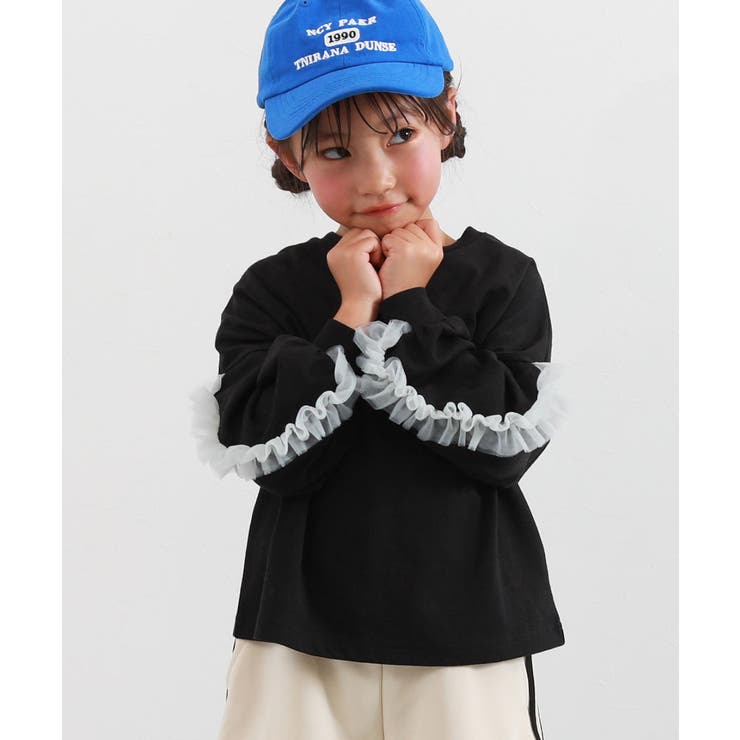 002-ブラック | 袖チュール 長袖Tシャツ 子供服 キッズ 女の子 ロンT トップス 5000 | devirock