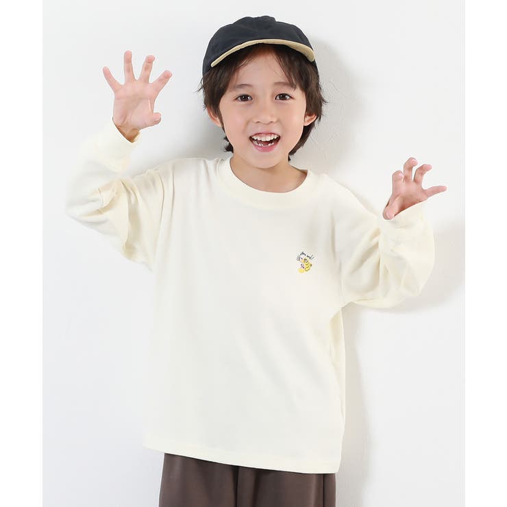 001-トラ-オフホワイト | もちもちストレッチ ワンポイント刺繍 長袖Ｔシャツ | devirock