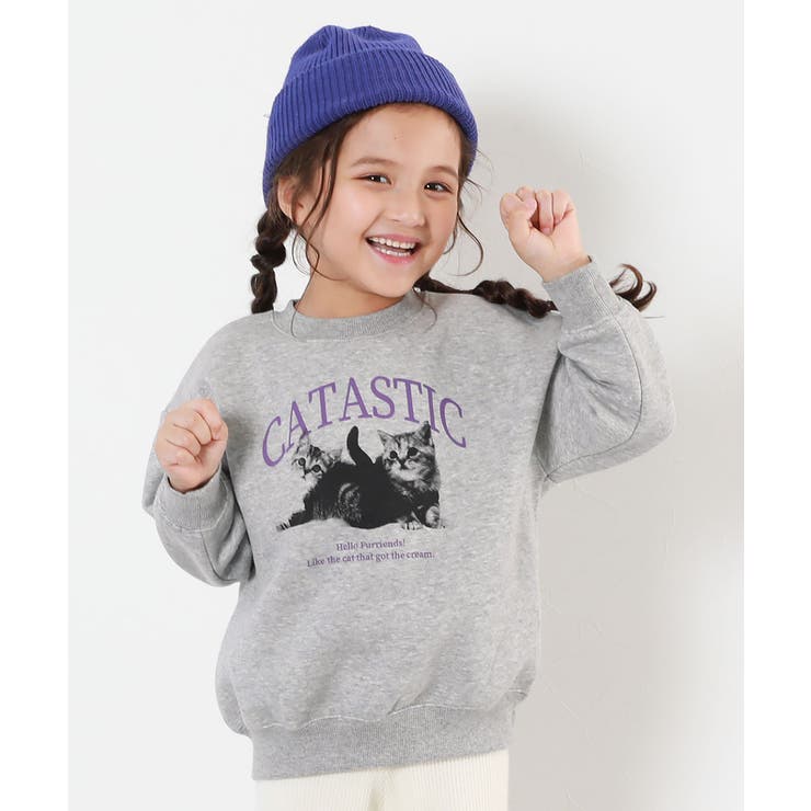 005-ネコ-杢グレー | デビラボ ガールズプリントBOXシルエット 裏起毛トレーナー | devirock