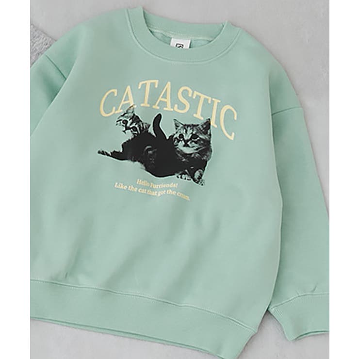 006-ネコ-Sミント | デビラボ ガールズプリントBOXシルエット 裏起毛トレーナー | devirock