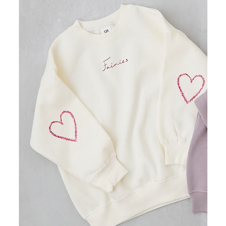007-袖ハート-オフホワイト | デビラボ ガールズプリントBOXシルエット 裏起毛トレーナー | devirock