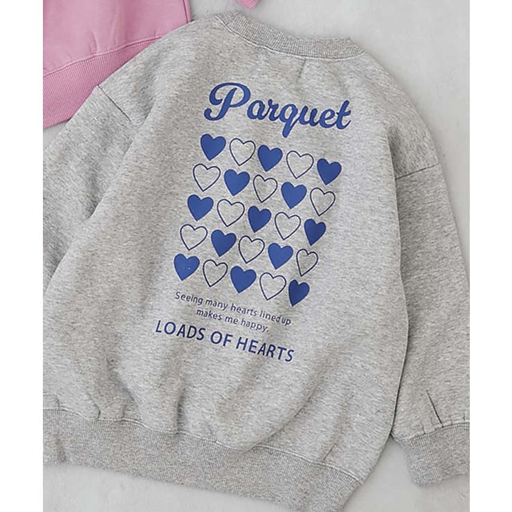 014-ハート-杢グレー | デビラボ ガールズプリントBOXシルエット 裏起毛トレーナー | devirock