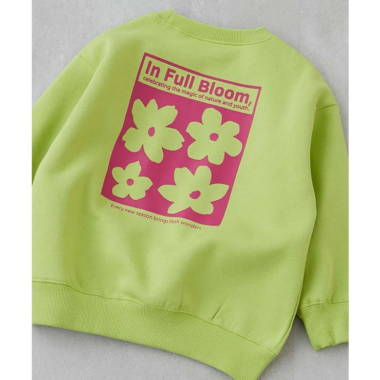 021-花2-Lイエローグリーン | デビラボ ガールズプリントBOXシルエット 裏起毛トレーナー | devirock