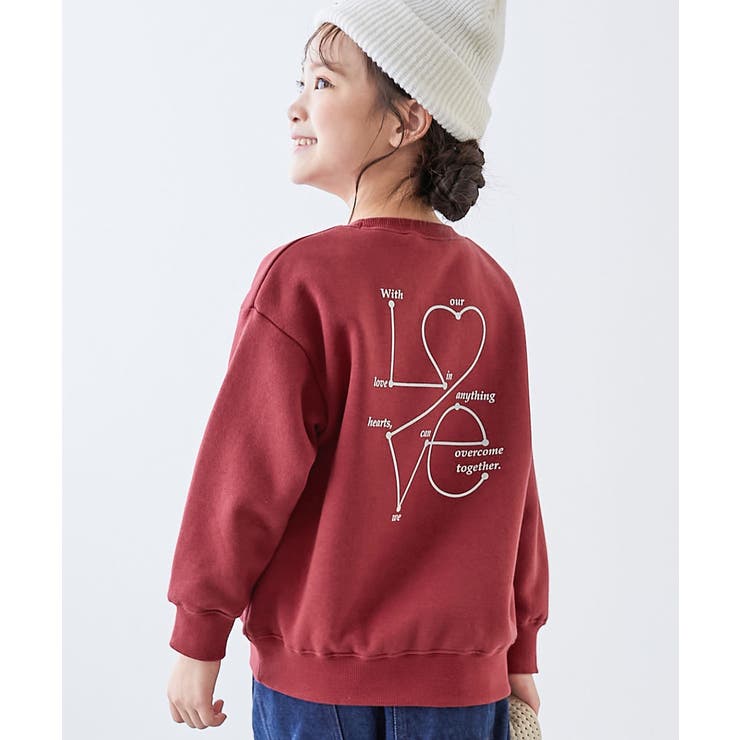 023-LOVE-ボルドー | デビラボ ガールズプリントBOXシルエット 裏起毛トレーナー | devirock