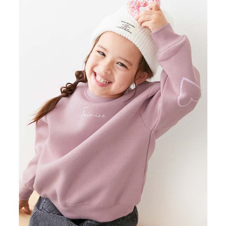 024-袖ハート-くすみピンク | デビラボ ガールズプリントBOXシルエット 裏起毛トレーナー | devirock