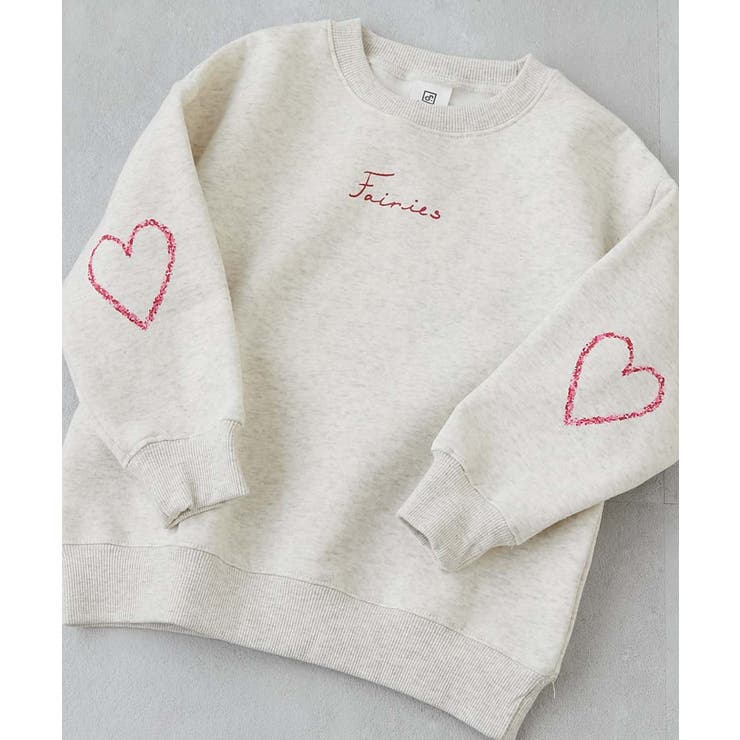 025-袖ハート-オートミール | デビラボ ガールズプリントBOXシルエット 裏起毛トレーナー | devirock