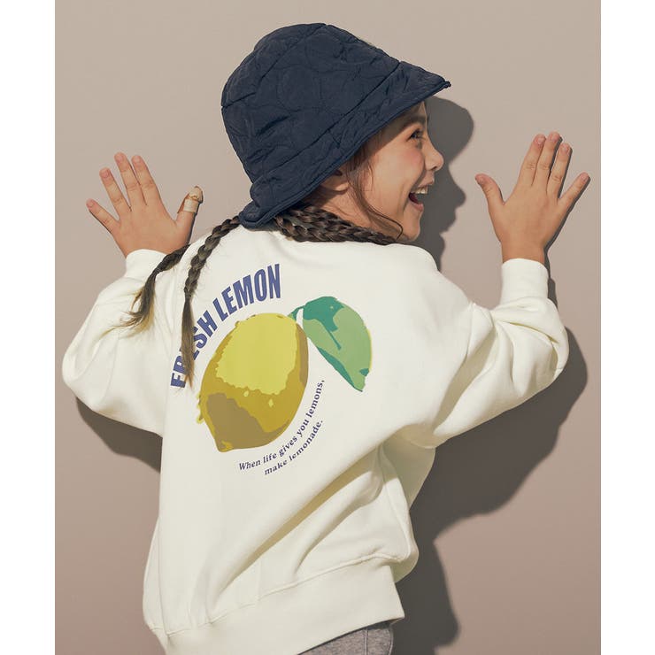 007-レモン-オフホワイト | デビラボ プリント裏起毛BIGシルエットトレーナー 子供服 | devirock