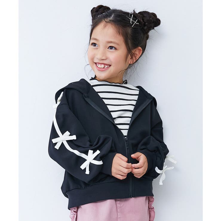 ブラック | リボン付き サイドライン おめかしジップパーカー | devirock