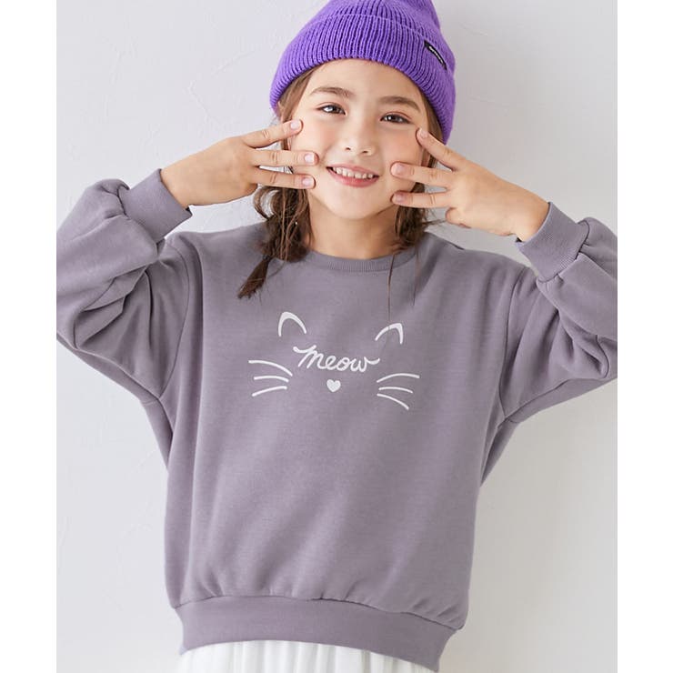 004-ネコ-Gバイオレット | デビラボ ガールズ プリントボリュームスリーブ裏起毛トレーナー | devirock
