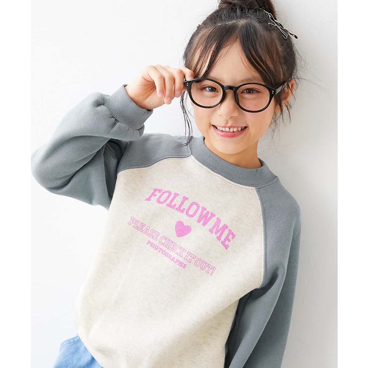 002-ハートロゴ-くすみブルー | デビラボ ガールズ プリント裏起毛ラグラントレーナー | devirock