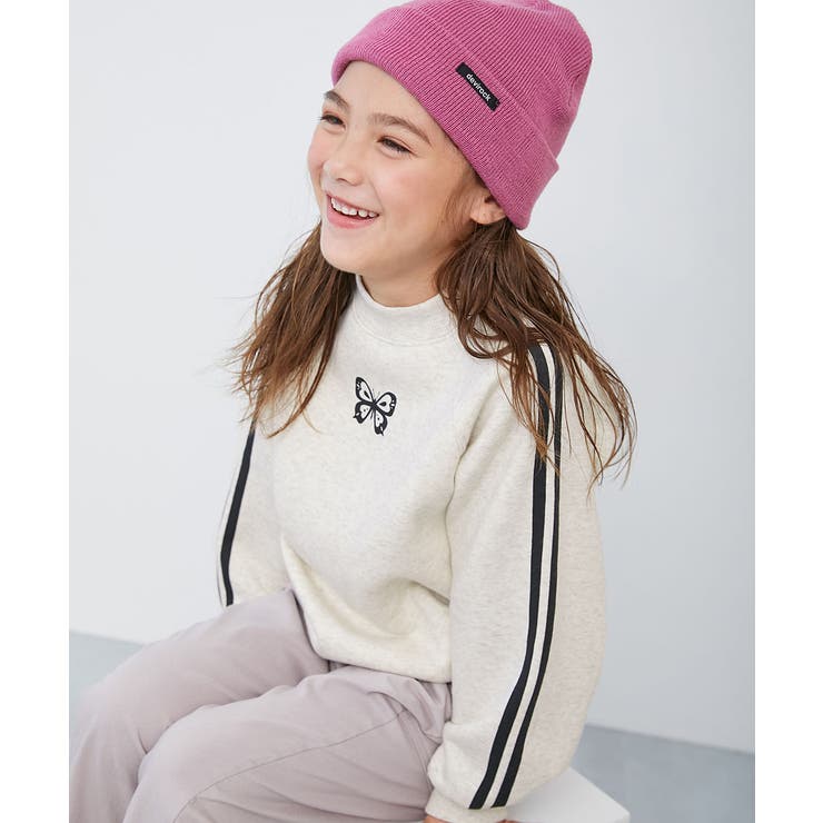 010-バタフライ-オートミール | デビラボ ガールズ プリント裏起毛ラグラントレーナー | devirock