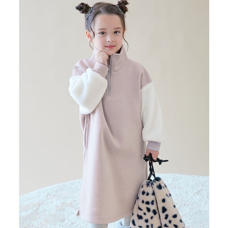 ピンクベージュ | スフレスウェット 袖ボア ハーフジップ | devirock