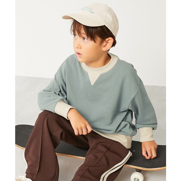 001-Dサックス | 配色ガゼットトレーナー 子供服 キッズ 男の子 女の子 トレーナー トップス  | devirock